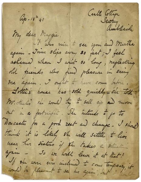 Beatrix Potter Autograph Letter Signed From 1941 -- ''...the news is very anxious - it looks like a long war, and terrible fighting. When the Germans conquer another country to eat up...''